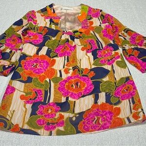 Trina Turk Bonita Bright Floral 100% Silk Mini Dress with Bell Sleeves Size 8
